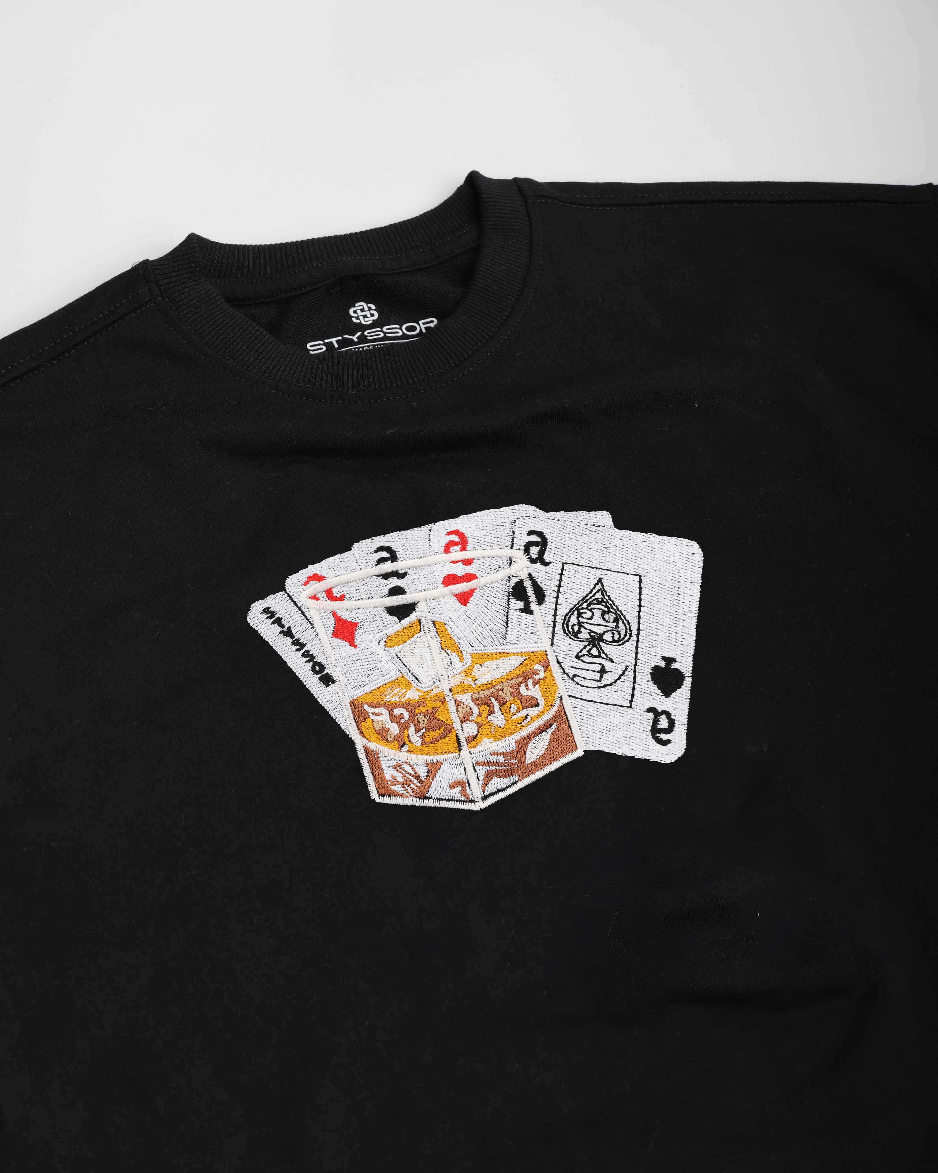 Party Card Embroidery Black Oversized T-Shirt