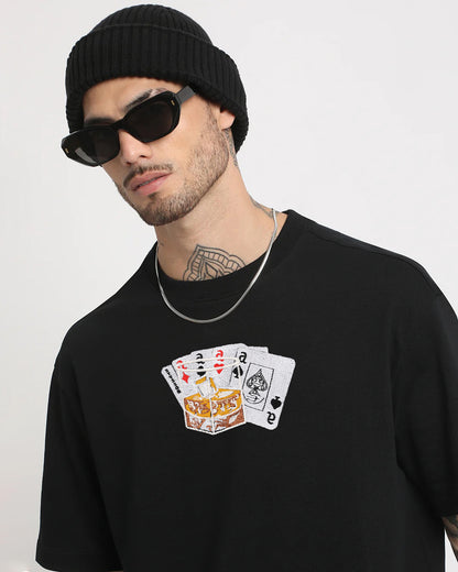 Party Card Embroidery Black Oversized T-Shirt1