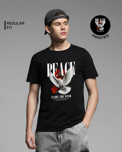 Peace Enjoy the Wind Black Printed T-shirt web