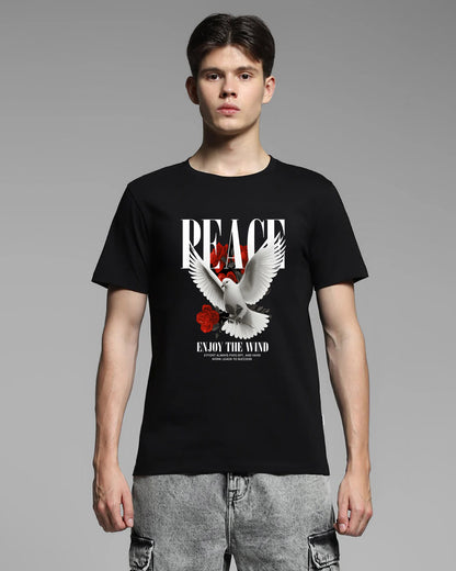 Peace Enjoy the Wind Black Printed T-shirt