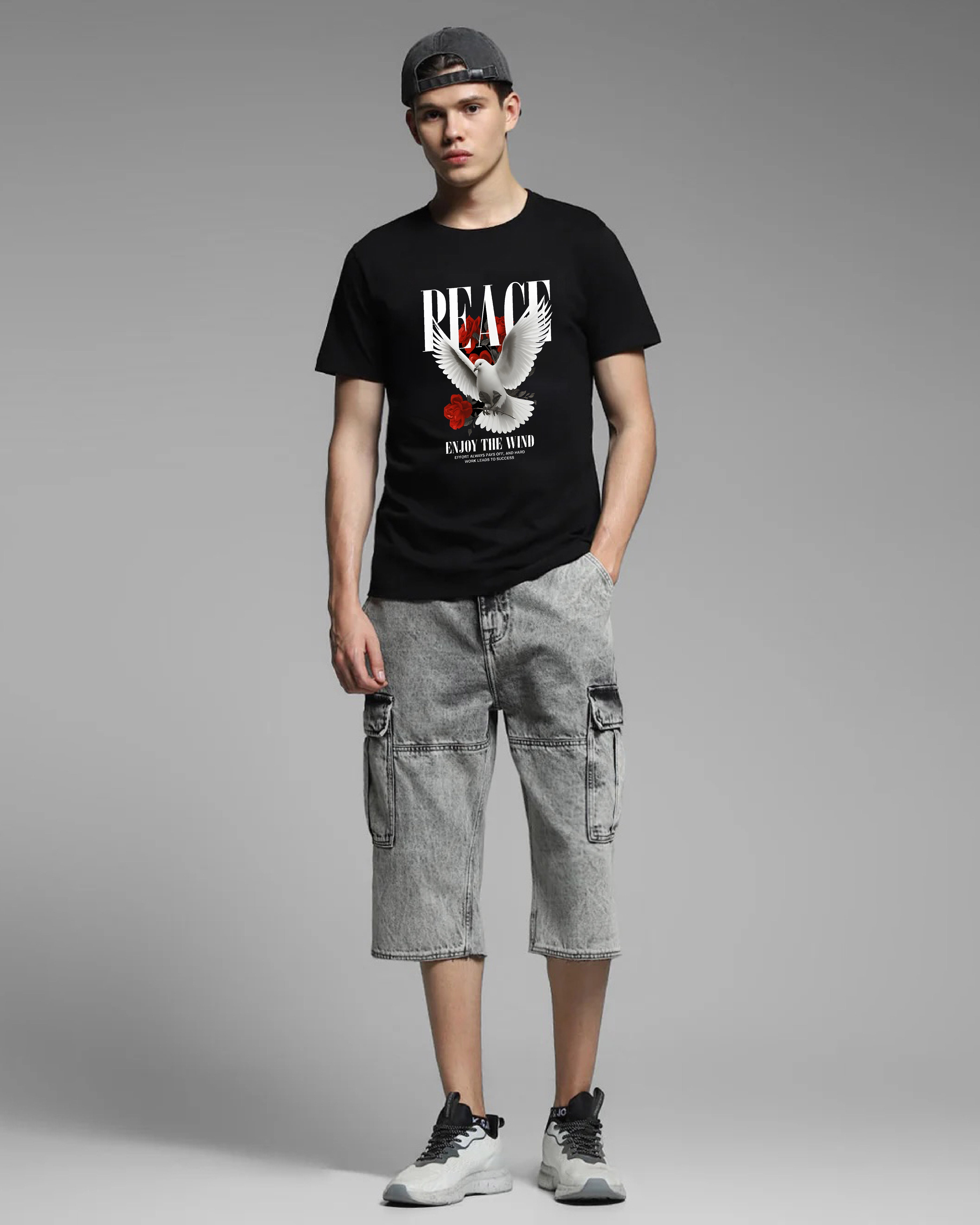 Peace Enjoy the Wind Black Printed T-shirt Order Now