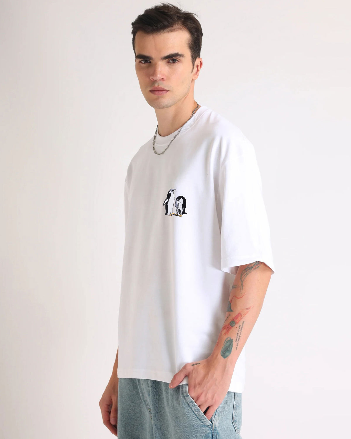 Penguin Wildlife Embroidery Oversized T-Shirt