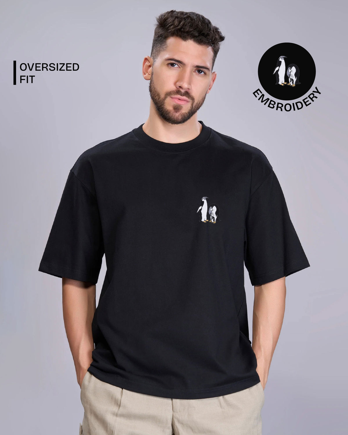 Penguin Wildlife Embroidery Oversized T-Shirt