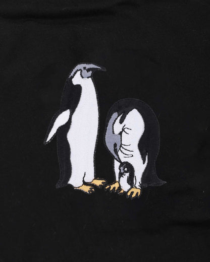 Penguin Wildlife Embroidery Oversized Black T-Shirt