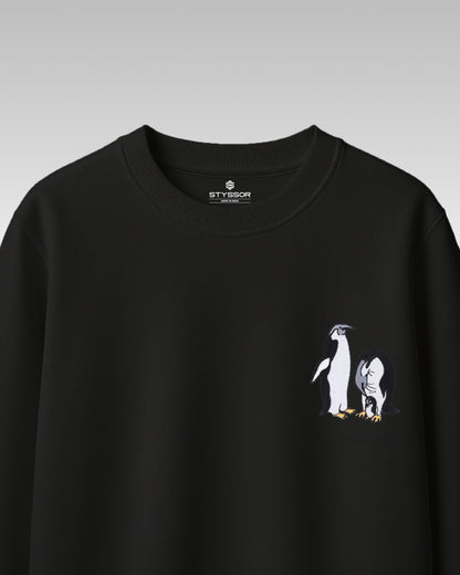 Penguin Wildlife Embroidery Oversized Black T-Shirt