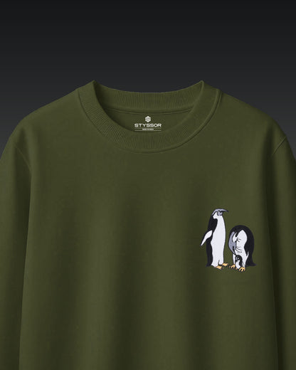 Penguin Wildlife Embroidery Oversized Green T-Shirt
