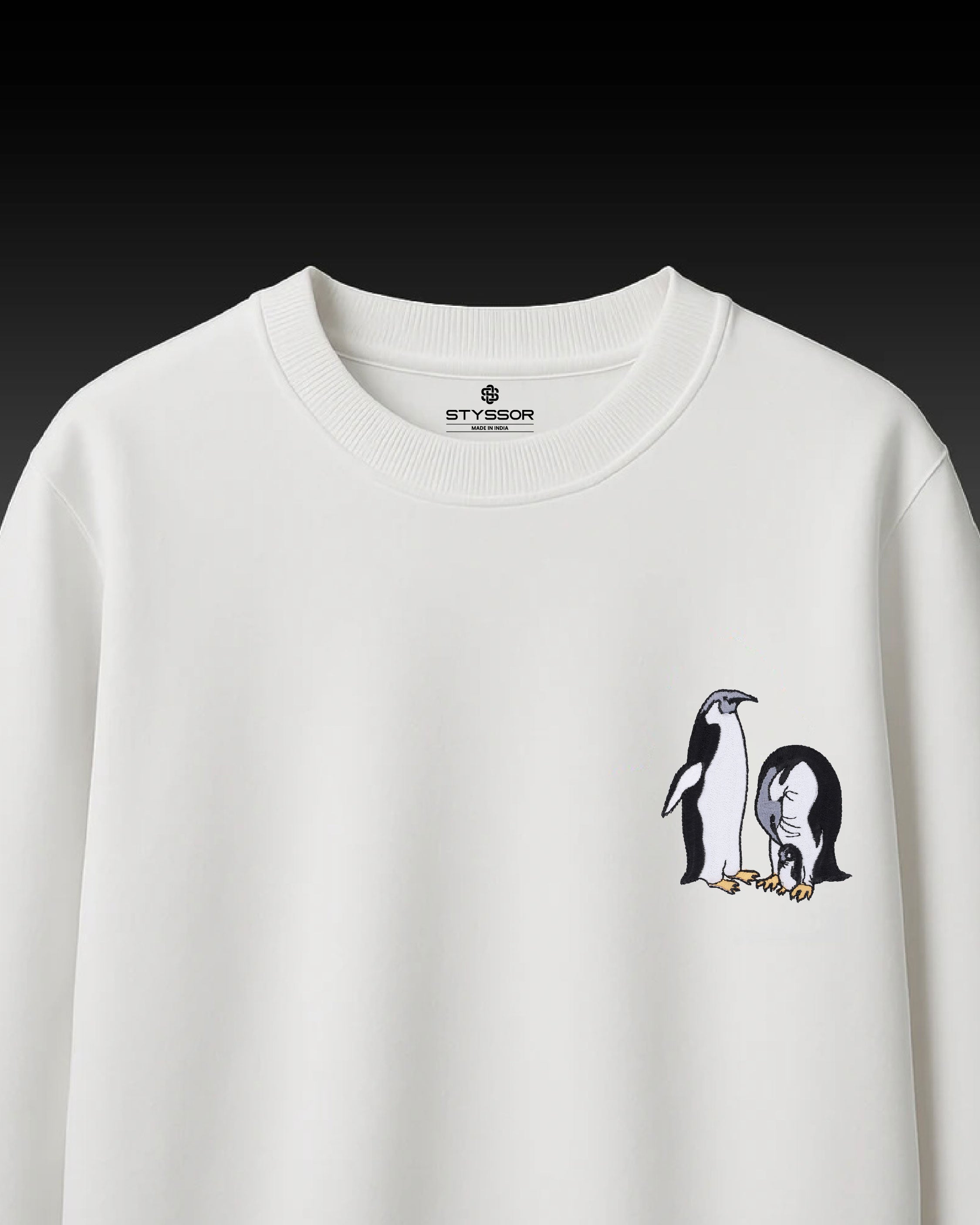 Penguin Wildlife Embroidery Oversized White T-Shirt