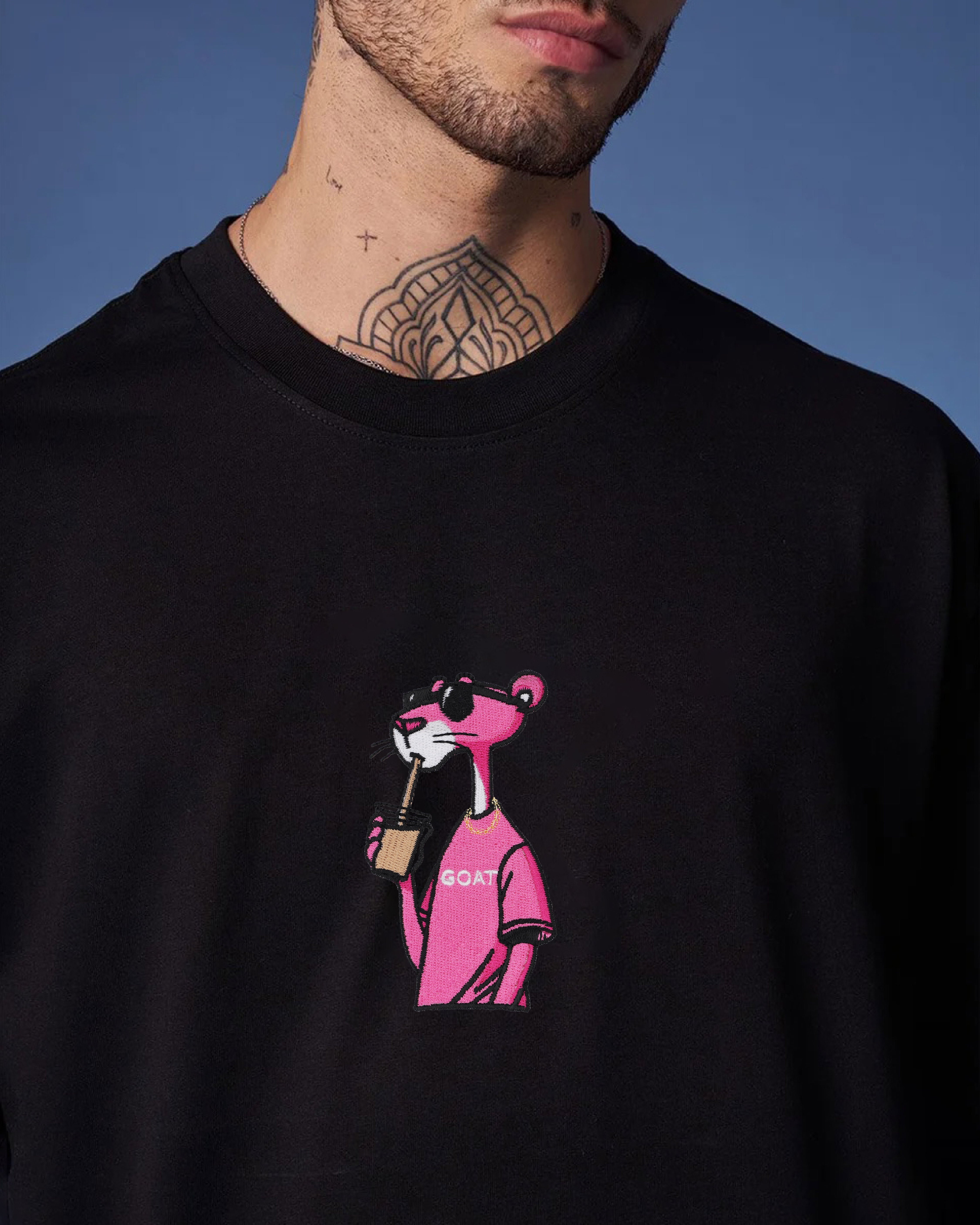 Shop Pink Panther Embroidery Black Oversized T-Shirt