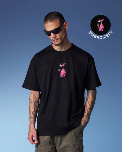 Pink Panther Embroidery Black Oversized T-Shirt