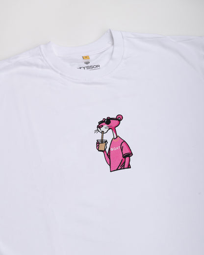 White t-shirt with a pink panther graphic holding a drink on a white background