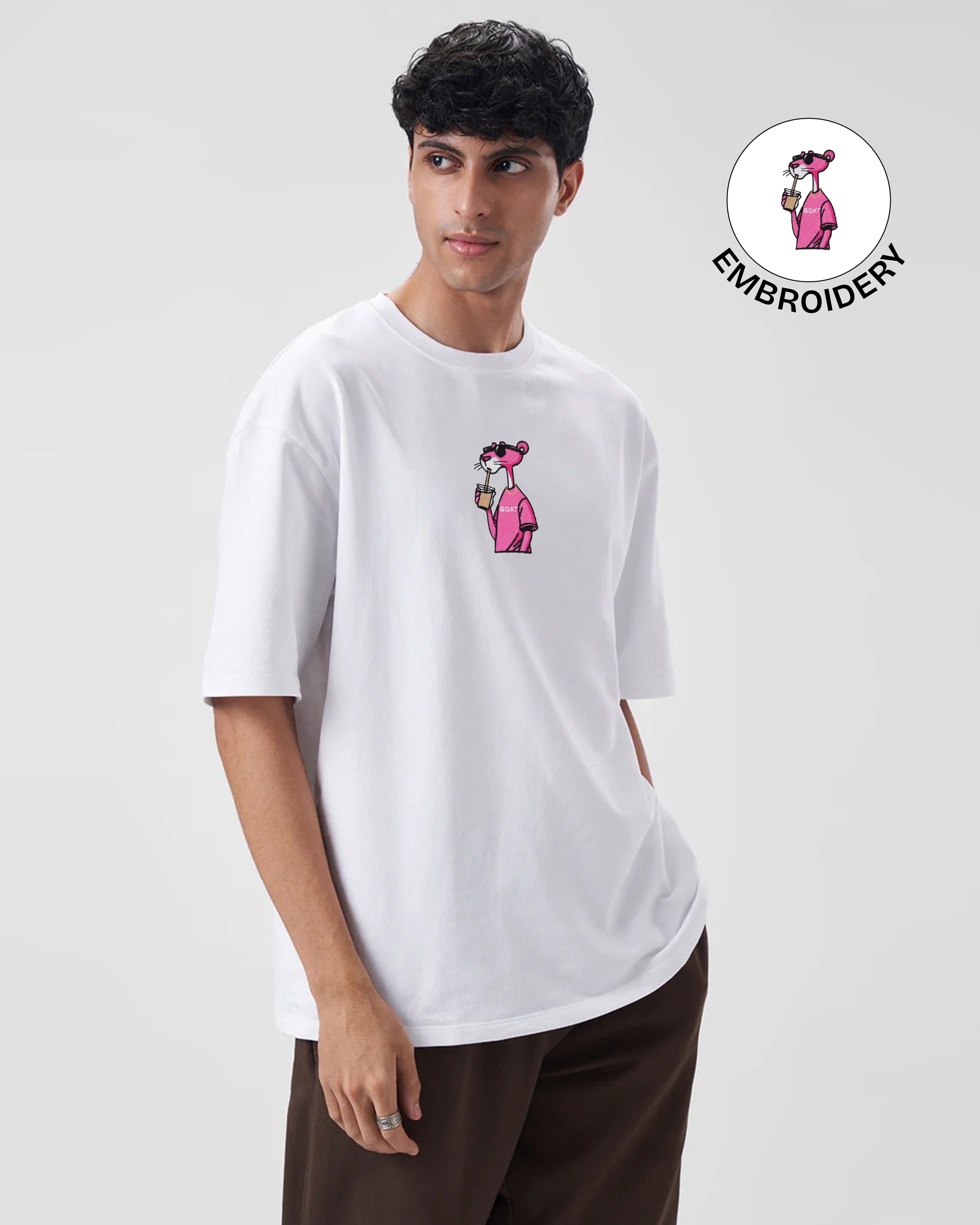 Pink Panther Embroidery White Oversized T-Shirt