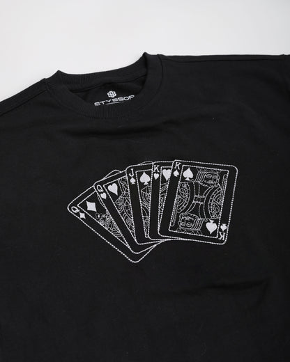 Black t-shirt with white playing card design on a white background