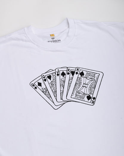 White t-shirt with black playing card design on a white background