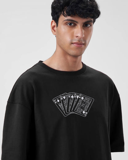Shop Playing Card Embroidery Black Oversized T-Shirt