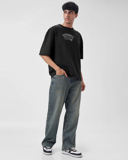 Playing Card Embroidery Black Oversized T-Shirt