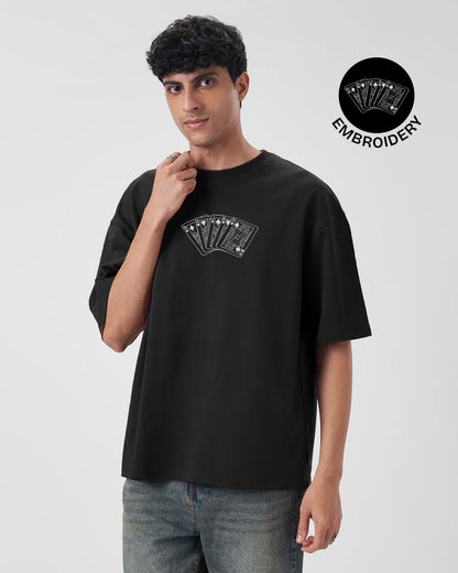 Playing Card Embroidery Black Oversized T-Shirt web