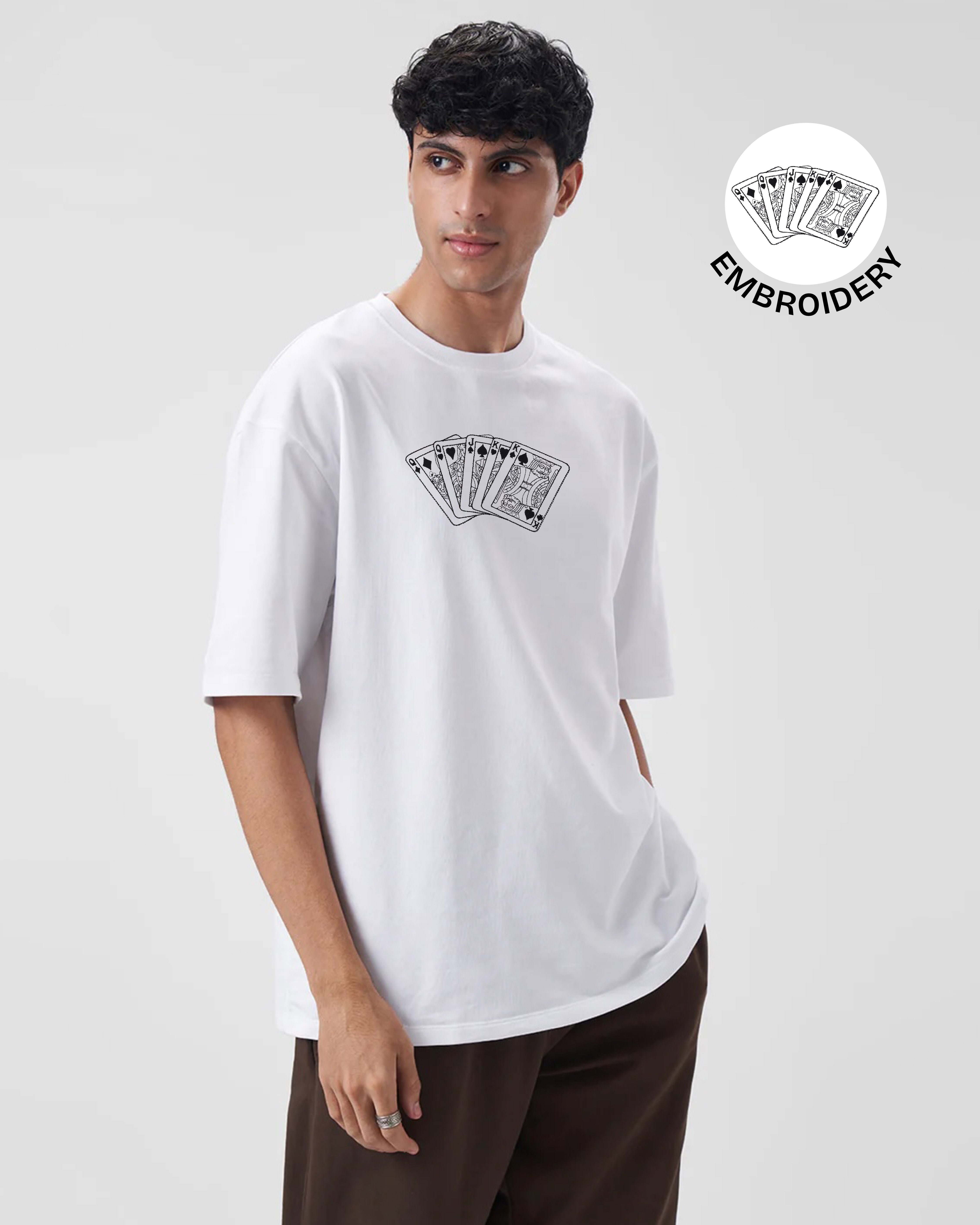 Playing Card Embroidery White Oversized T-Shirt web