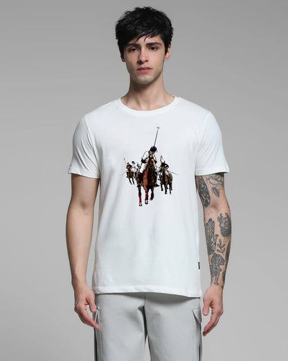 Person wearing a white t-shirt with a graphic design on a gray background