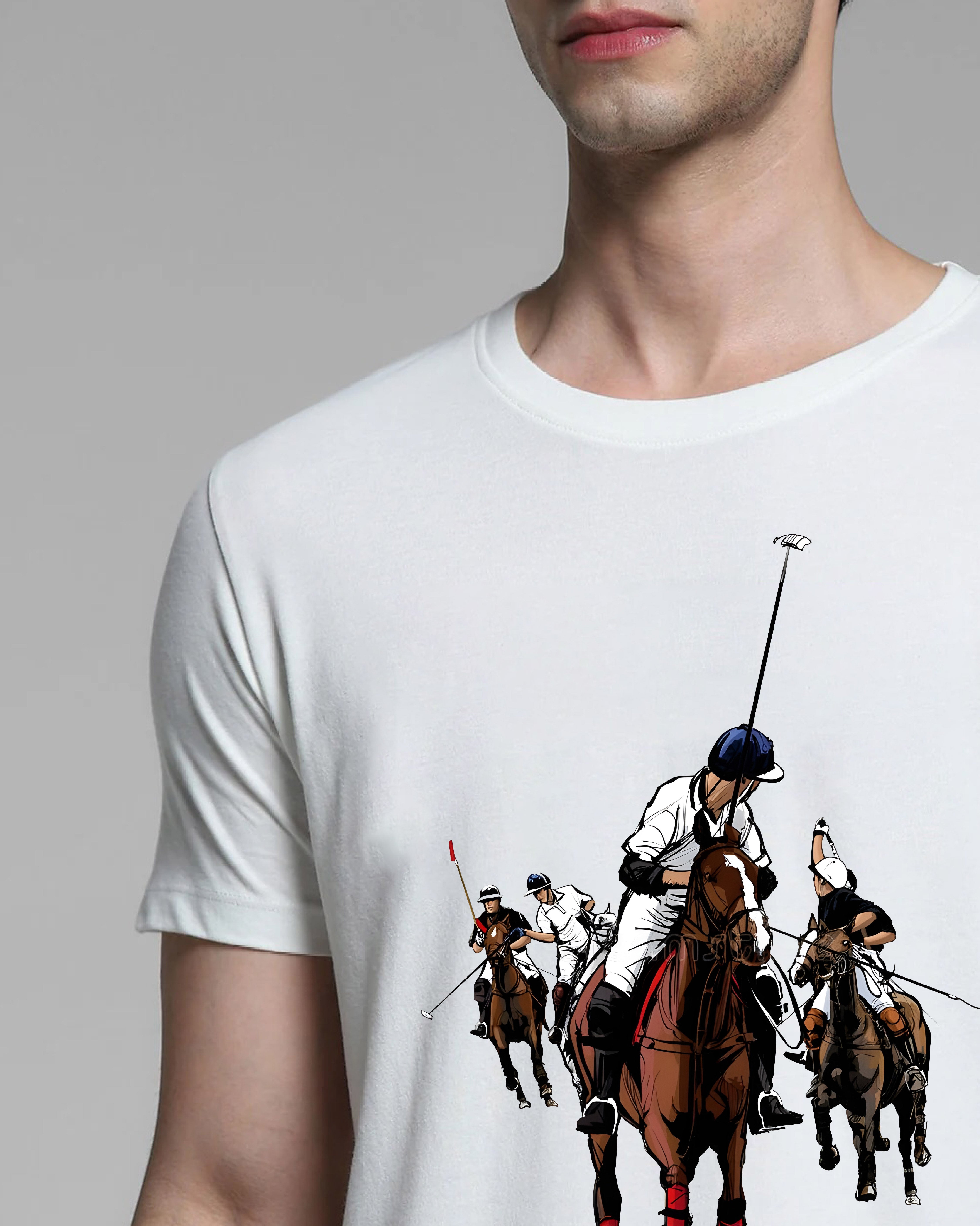 White t-shirt with polo player graphic worn by a person on a gray background