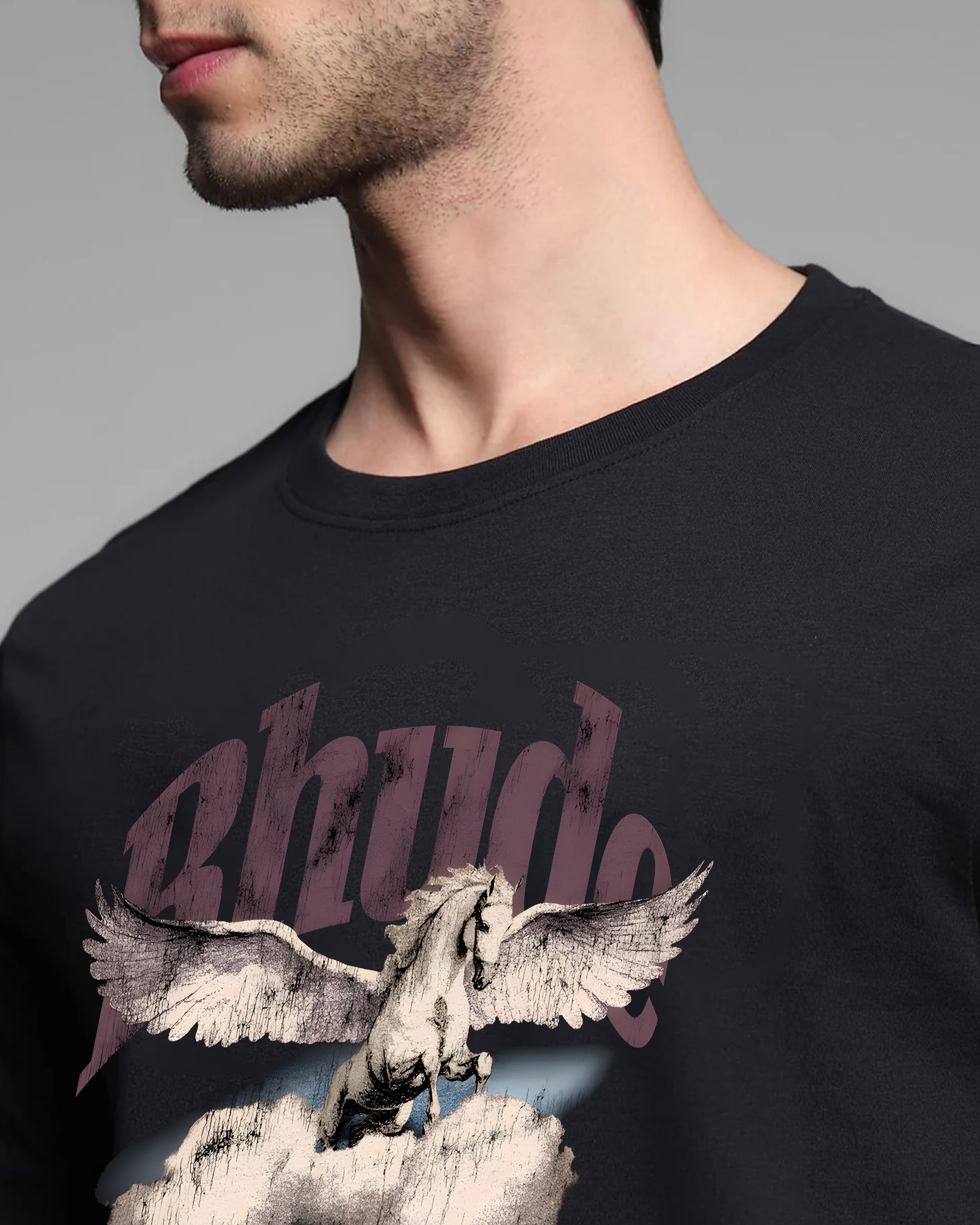 Black t-shirt with graphic design of a bird and text on a gray background