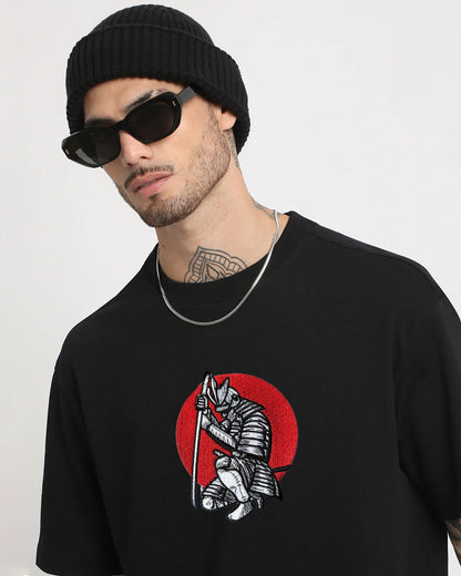 Samurai Warrior Embroidery Black Oversized T-Shirt