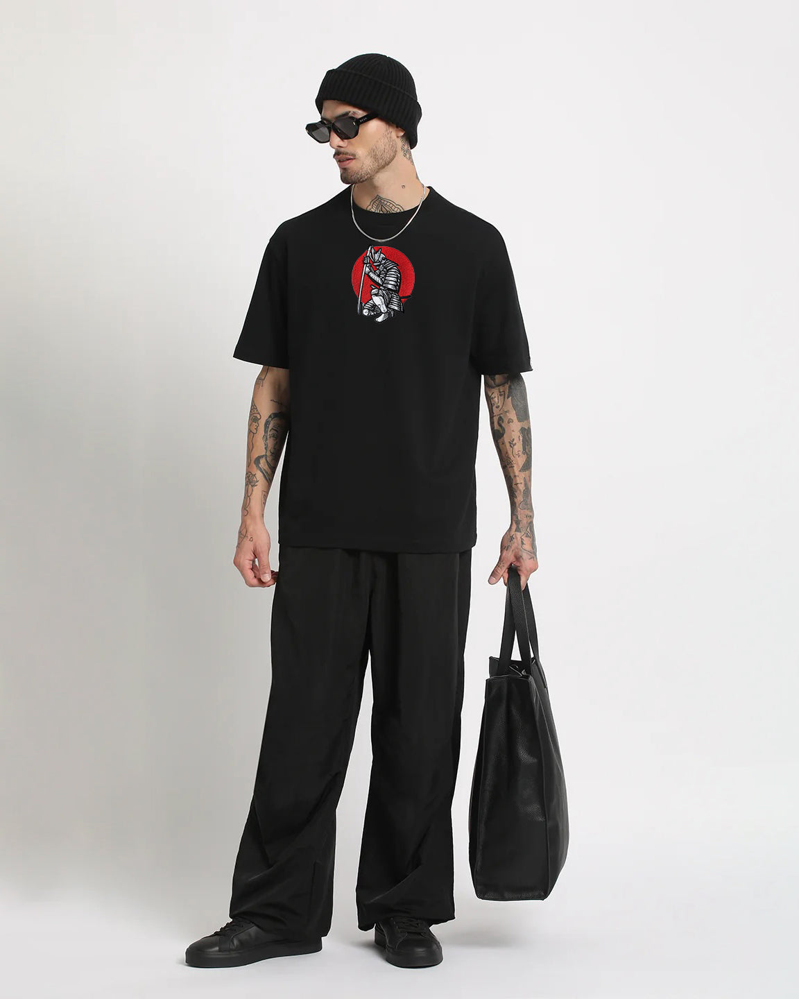 Samurai Warrior Embroidery Black Oversized T-Shirt