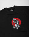 Black t-shirt with a red and white graphic design on a white background