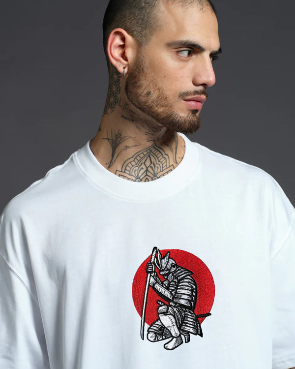 Samurai Warrior Embroidery White Oversized T-Shirt