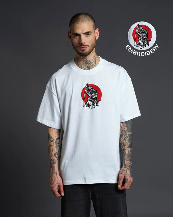 Samurai Warrior Embroidery White Oversized T-Shirt