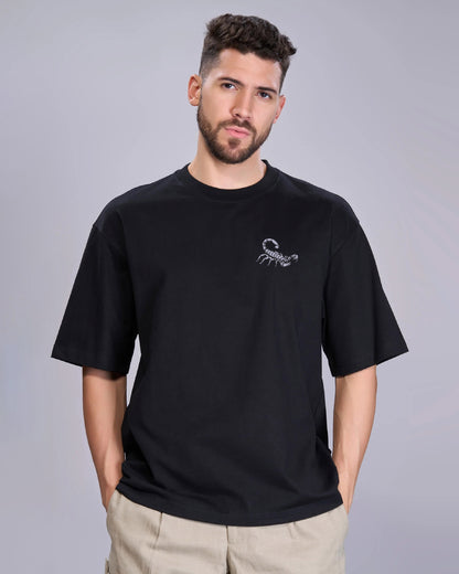Scorpion Wildlife Embroidery Oversized Black T-Shirt