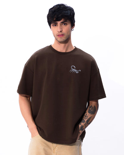 Scorpion Wildlife Embroidery Oversized Brown T-Shirt