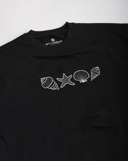 Seashell Embroidery Black Oversized T-Shirt 1