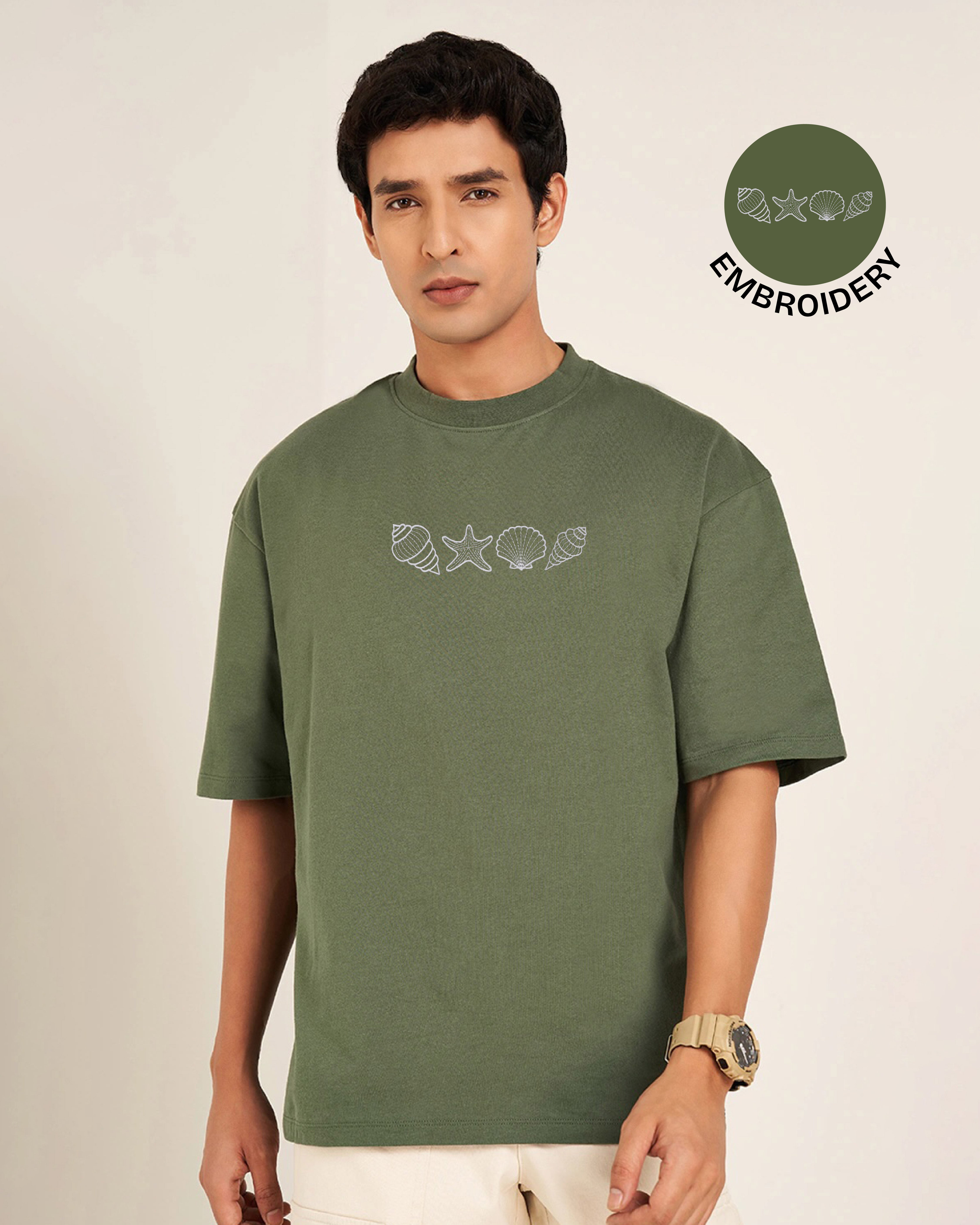 Seashell Embroidery Green Oversized T-Shirt