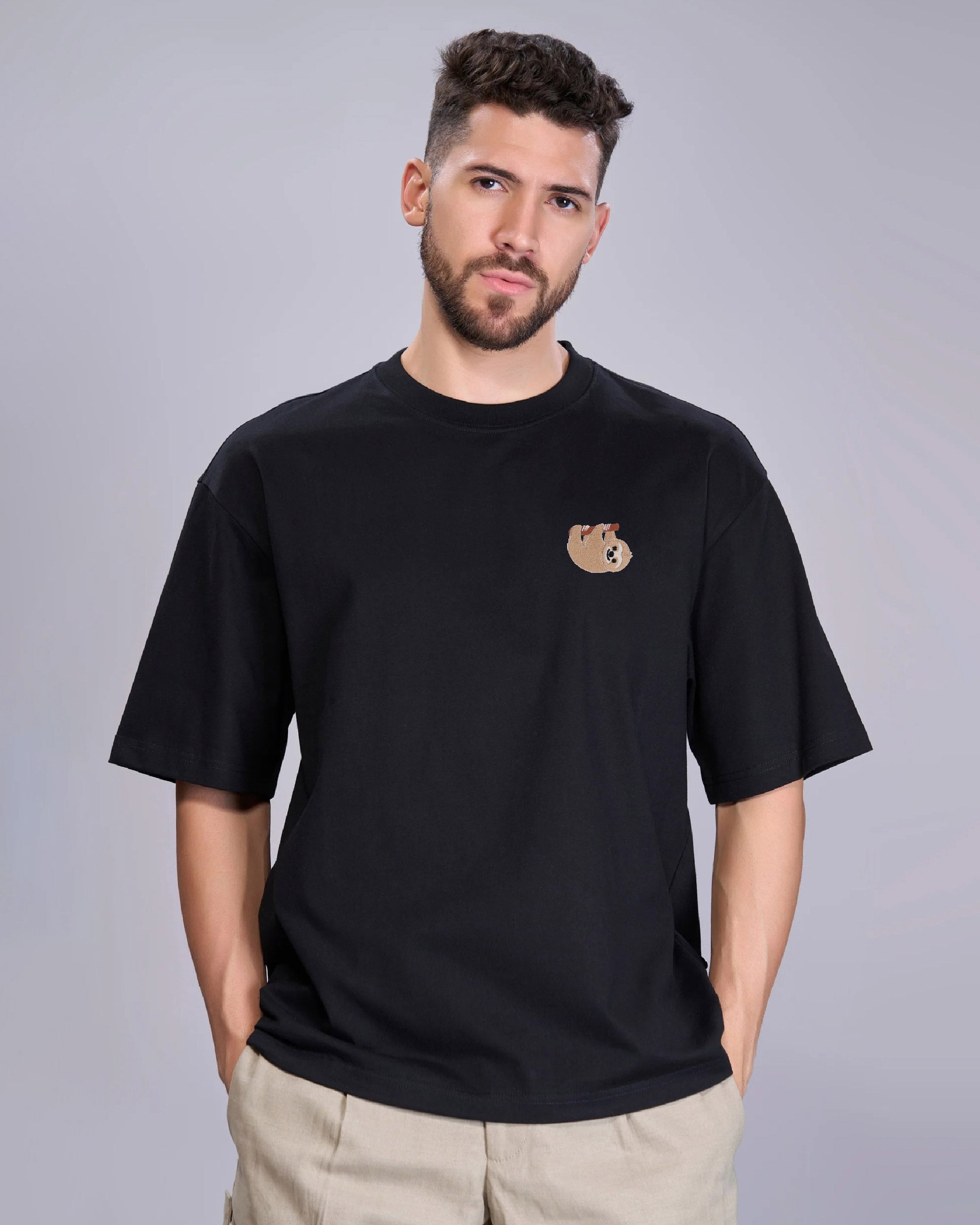Sloth Wildlife Embroidery Oversized Black T-Shirt