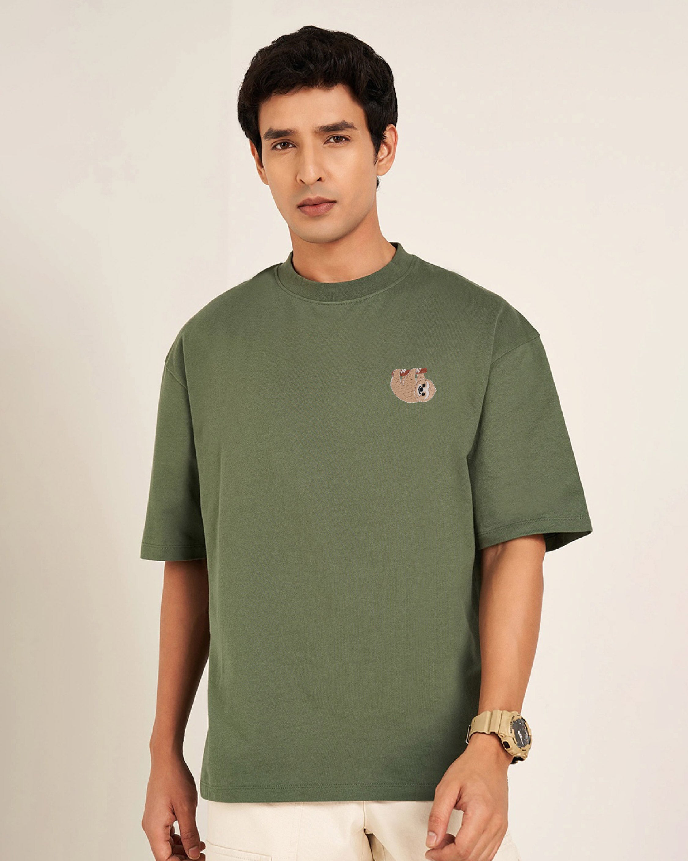Sloth Wildlife Embroidery Oversized Green T-Shirt