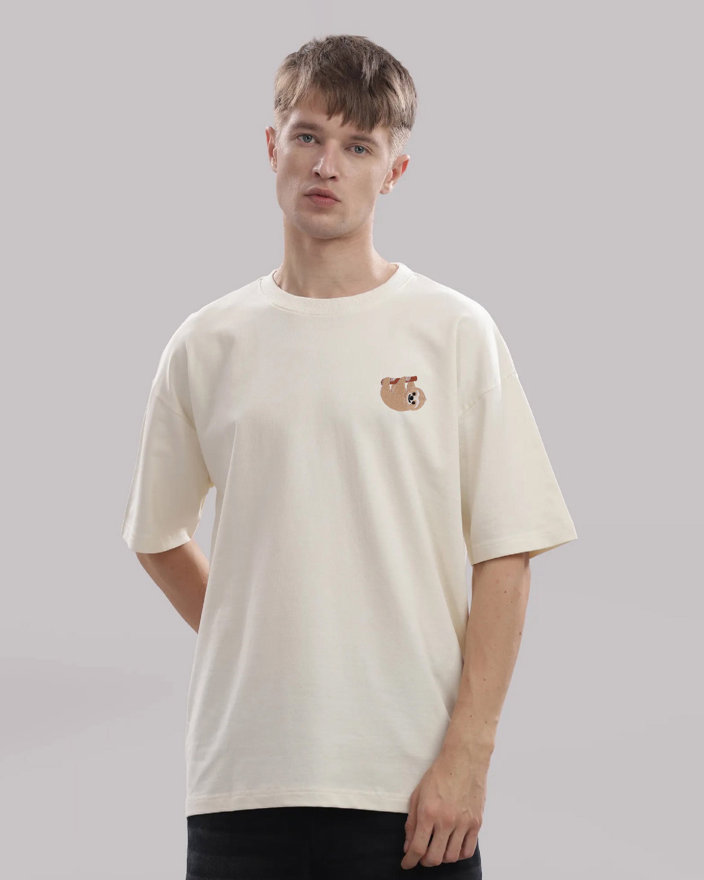 Sloth Wildlife Embroidery Oversized Off-White T-Shirt