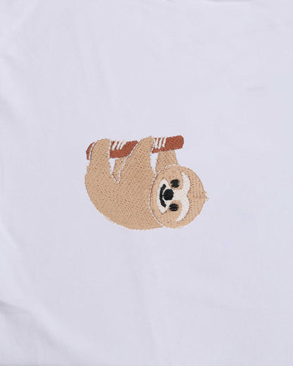 Sloth Wildlife Embroidery Oversized White T-Shirt