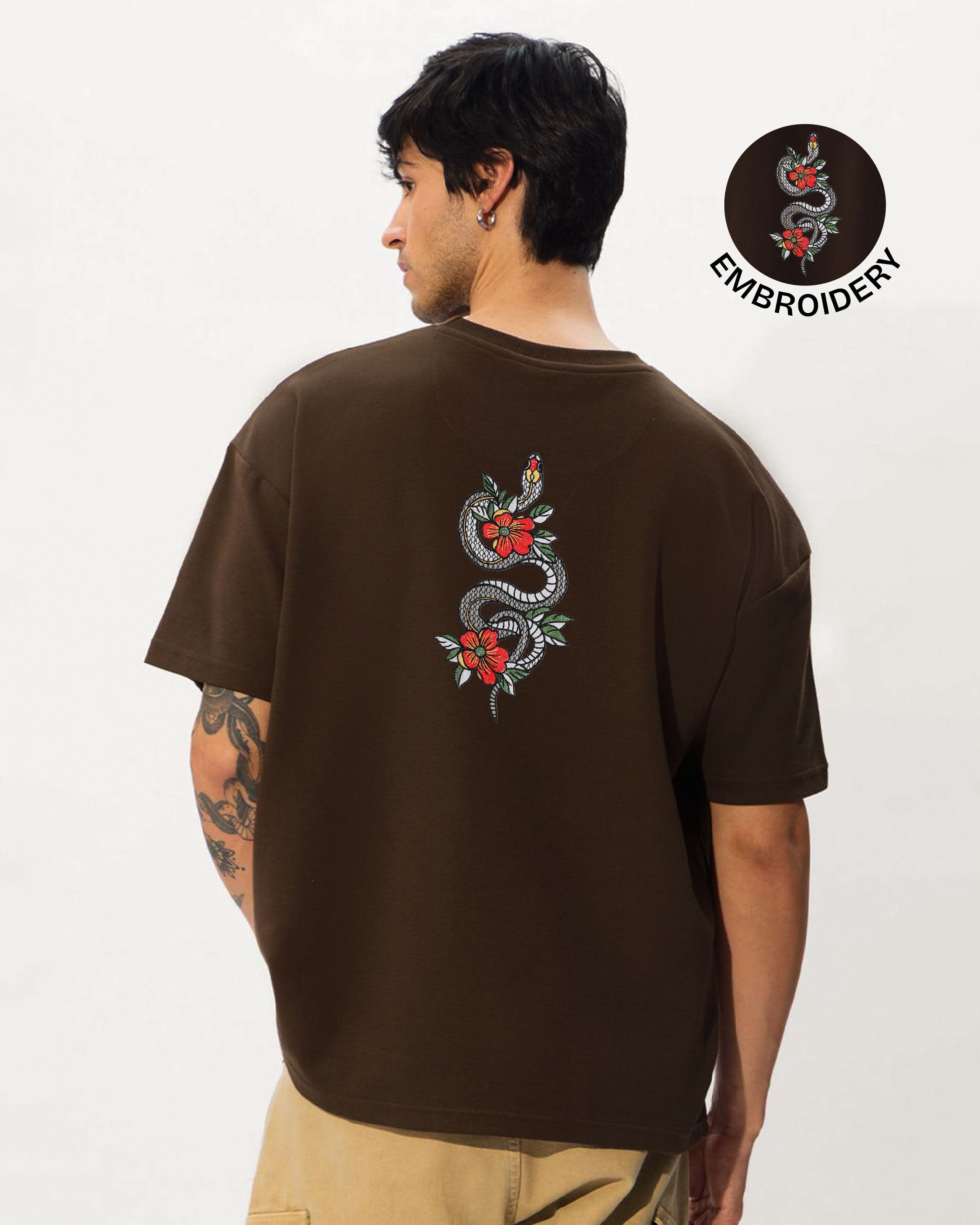 Snake & flowers Embroidery Brown Oversized T-Shirt