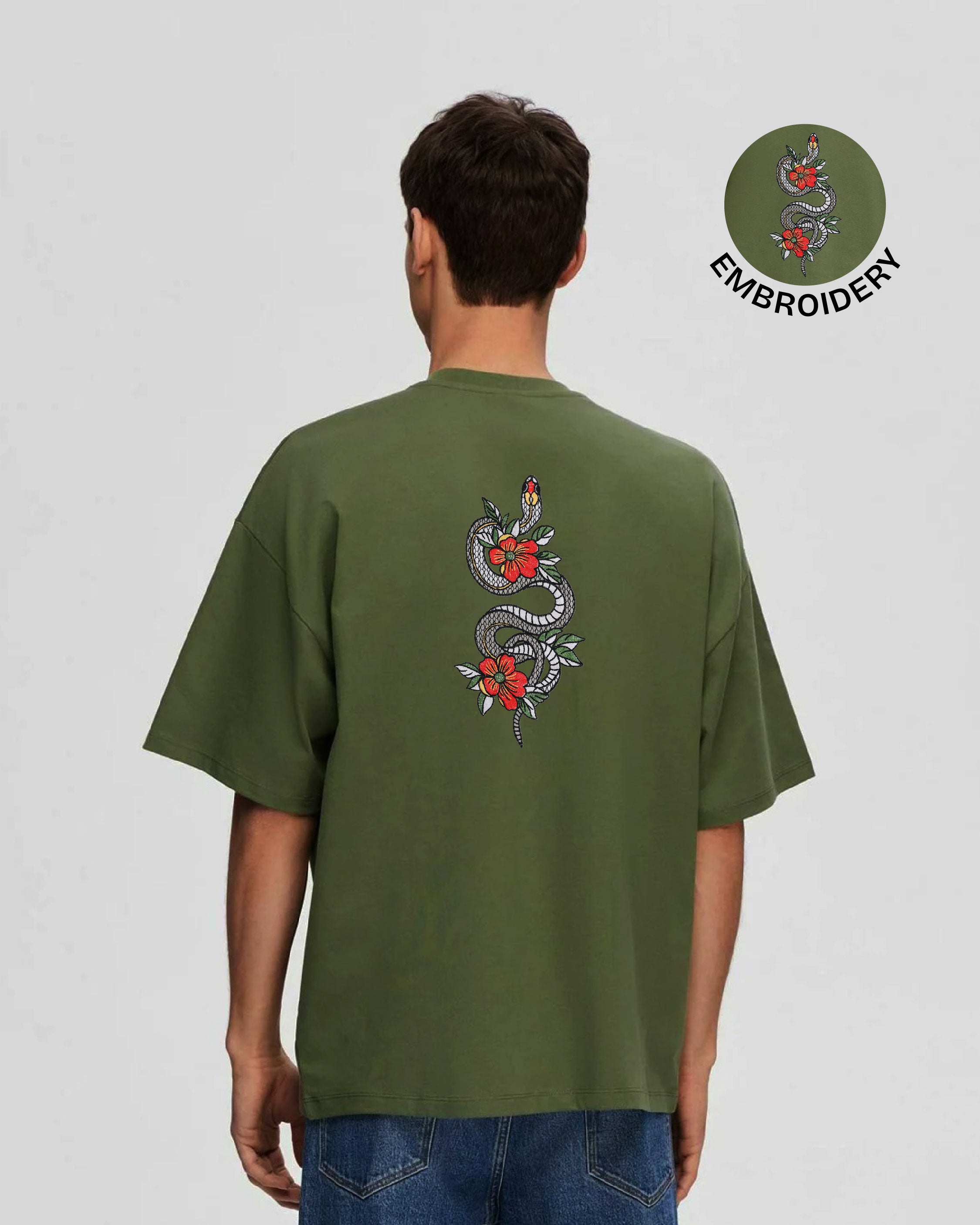 Snake & flowers Embroidery Green Oversized T-Shirt