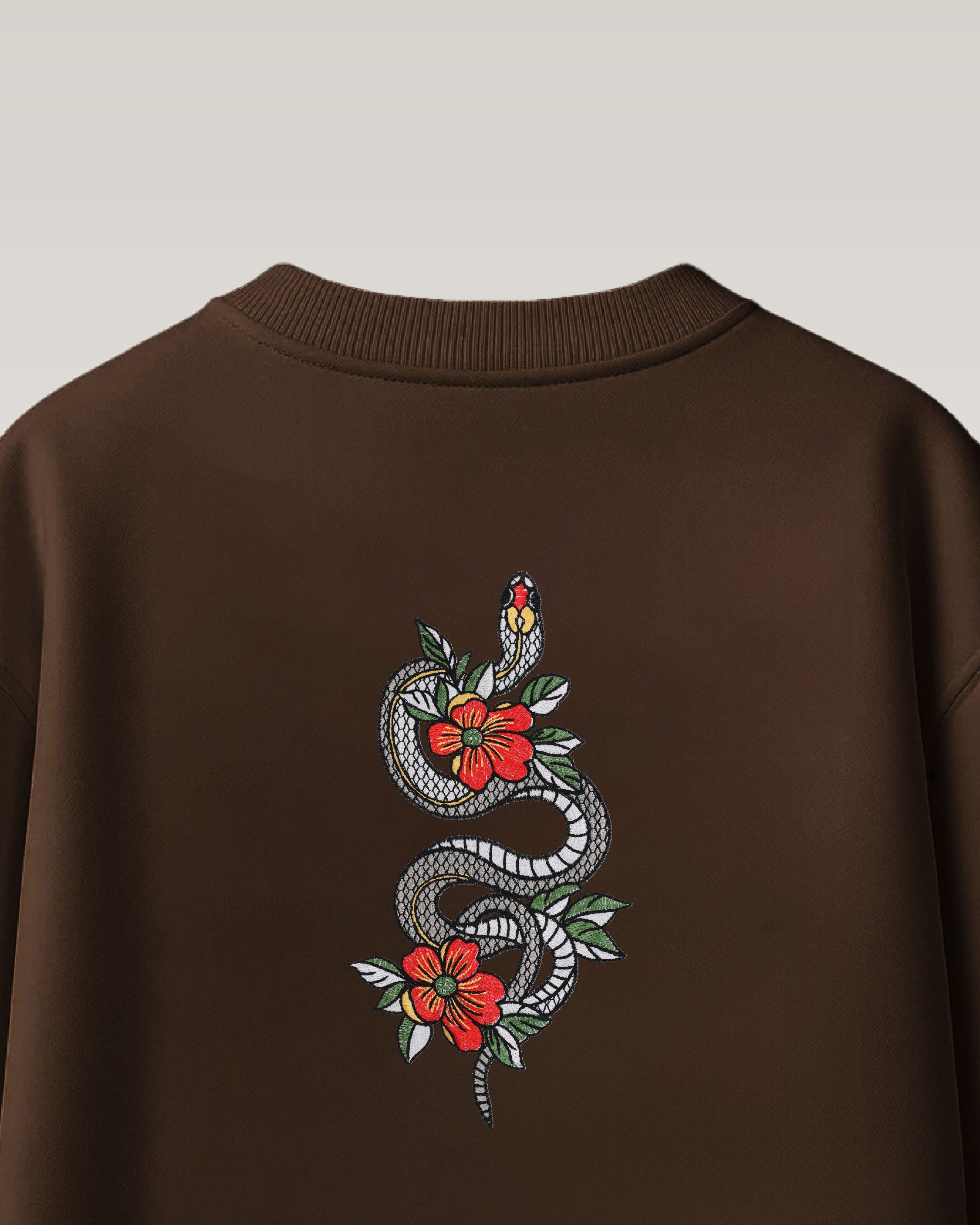 Snake & flowers Embroidery Brown Oversized T-Shirt