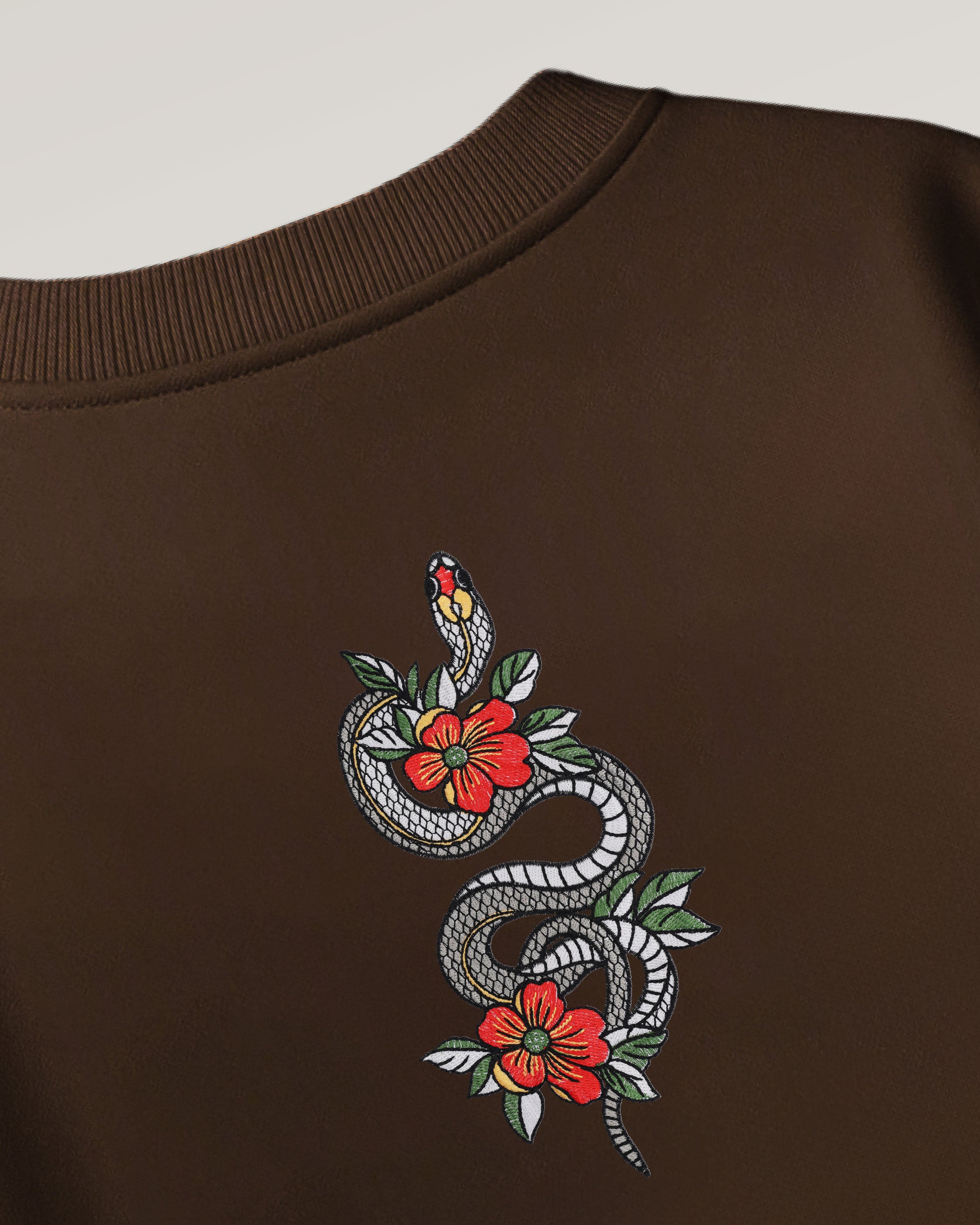 Snake & flowers Embroidery Brown Oversized T-Shirt