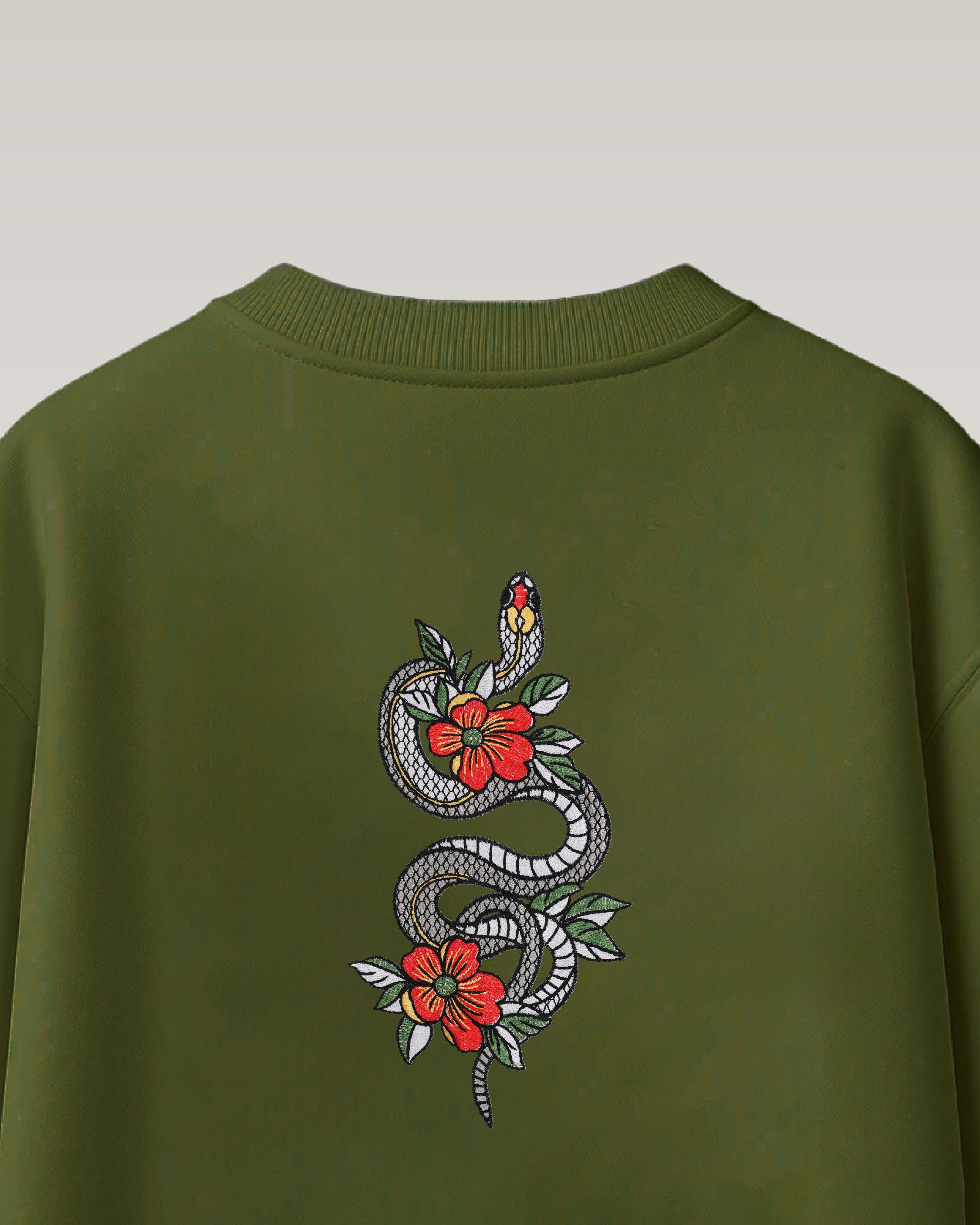 Snake & flowers Embroidery Green Oversized T-Shirt