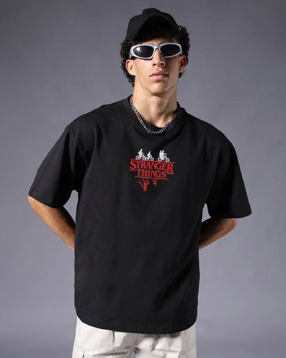 Stranger Things Embroidery Black Oversized T-Shirt