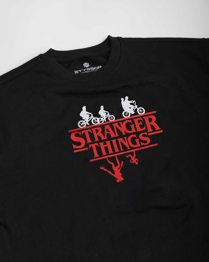 Stranger Things Embroidery Black Oversized T-Shirt