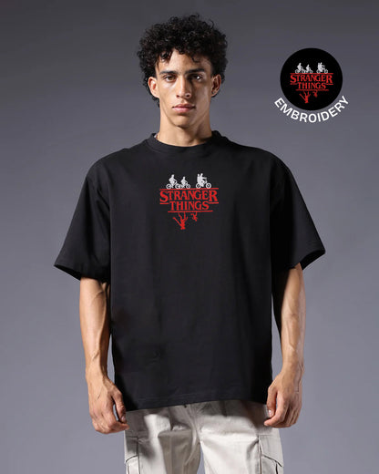 Stranger Things Embroidery Black Oversized T-Shirt