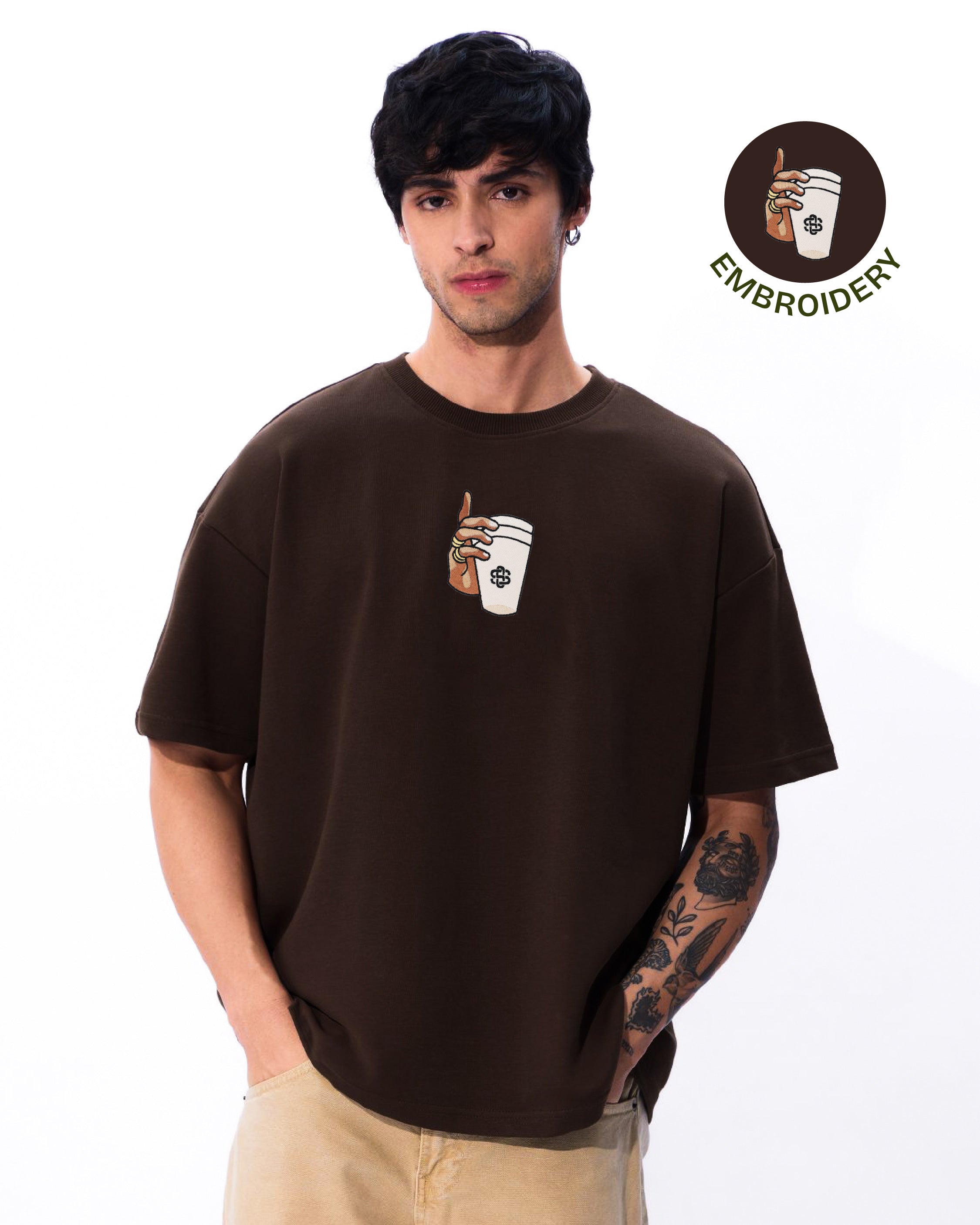 Styssor Cup Rug Embroidery Brown Oversized T-Shirt