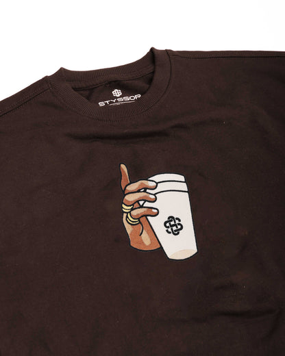Styssor Cup Rug Embroidery Brown Oversized T-Shirt