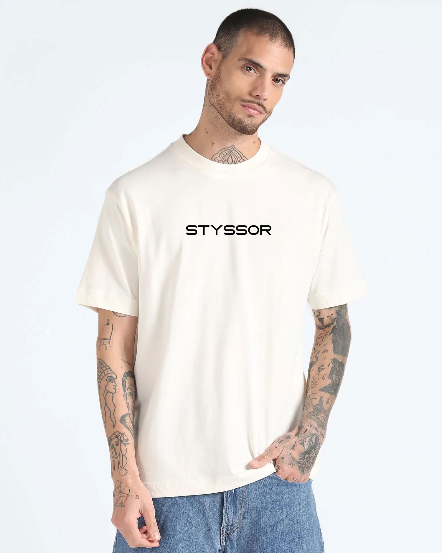 Styssor Men Off White Premium Embroidery Oversized T-Shirt
