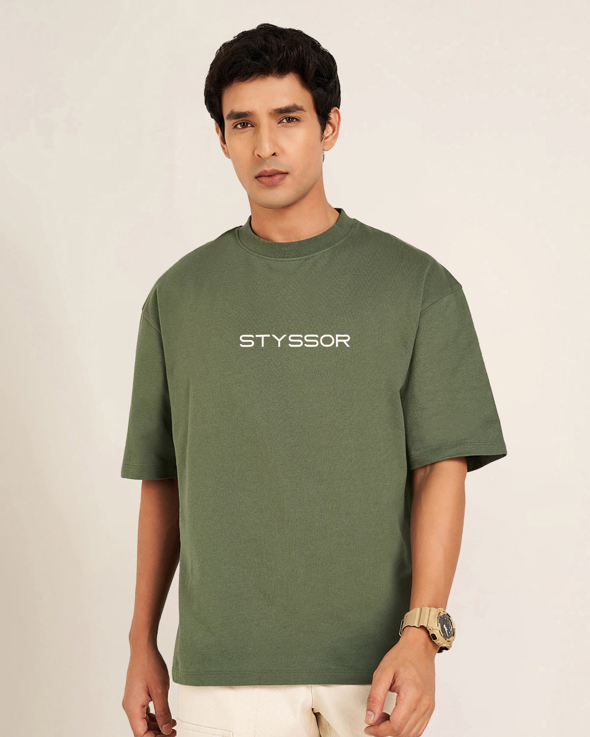 Styssor Men Olive Green Premium Embroidery Oversized T-Shirt