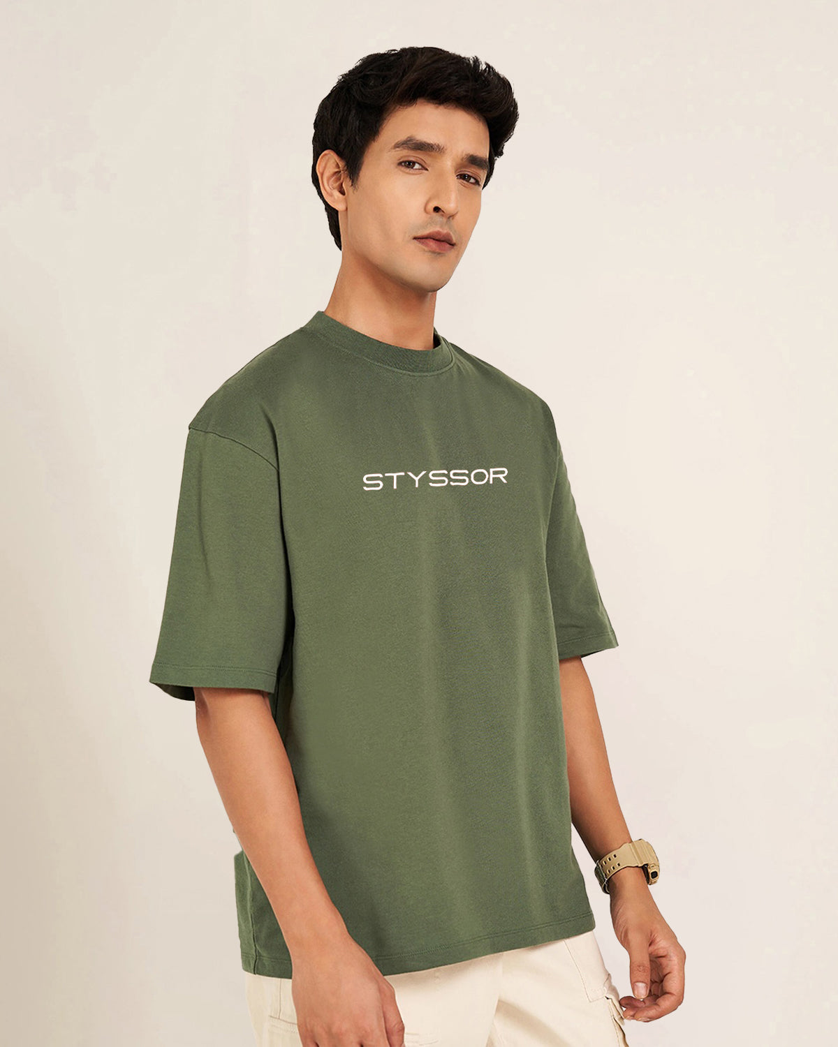 Styssor Men Olive Green Premium Embroidery Oversized T-Shirt